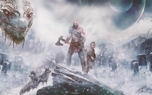 Kratos and Atreus stand ready with wolves, 2K Desktop Wallpaper