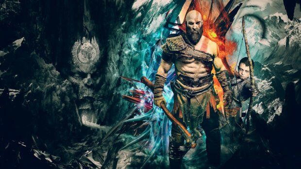 Kratos and Atreus prepare for battle in a frozen cave, 4K Desktop Wallpaper