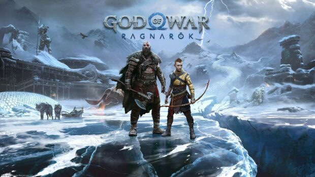 Kratos and Atreus stand on icy ground in a snowy Nordic setting with mountains and ruins, HD Desktop Wallpaper