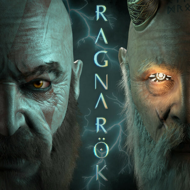 A detailed close up of two characters from God Of War Ragnarok with glowing eyes and lightning, HD Phone Wallpaper