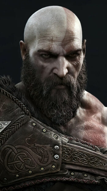 A detailed close up of a fierce warrior from God Of War Ragnarok showing facial scars and armor, 4K Mobile Wallpaper
