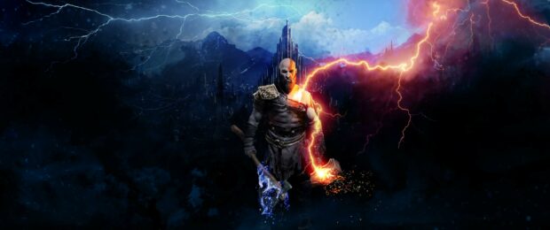 Kratos stands with glowing axes and lightning around him in a dark mountain scene, 2K Desktop Wallpaper