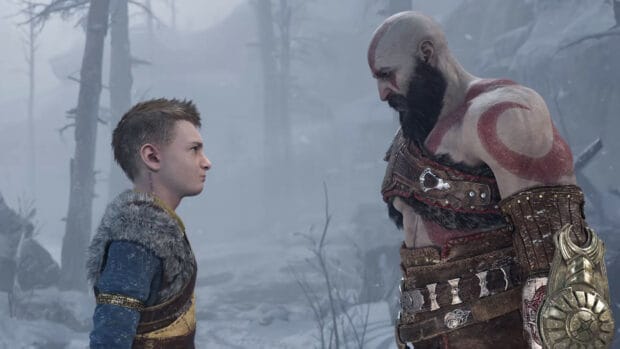 Kratos and Atreus face each other in a snowy forest, HD Desktop Wallpaper