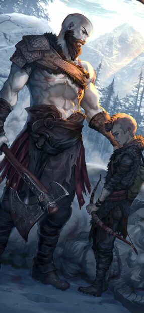 A strong warrior father stands with his son in a snowy landscape holding weapons, HD Mobile Wallpaper