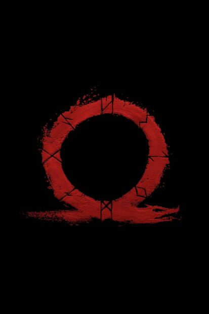 The image shows a red painted God Of War symbol on a black background, HD Mobile Wallpaper