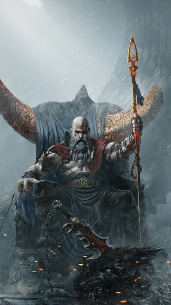 A fierce warrior from God of War Ragnarok is seated on a decorated throne holding a spear, HD Phone Wallpaper