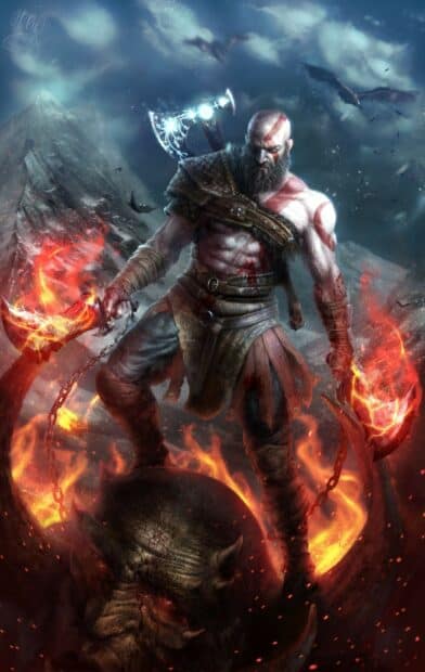 A muscular warrior holding fiery weapons stands over a defeated enemy in a dark, stormy landscape with flying creatures, 2K Mobile Wallpaper