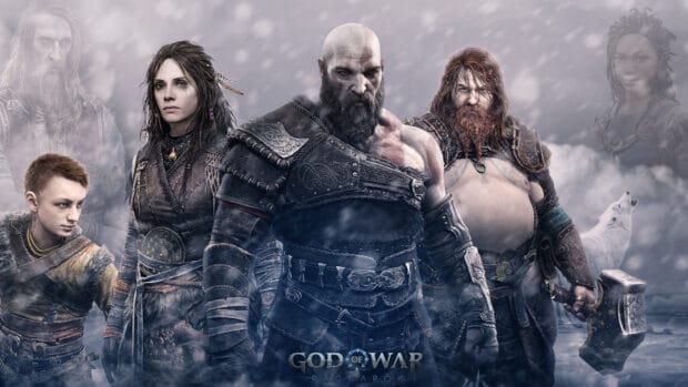 The God of War Ragnarok characters stand ready for battle amid a misty, cold background, 4K Desktop Wallpaper