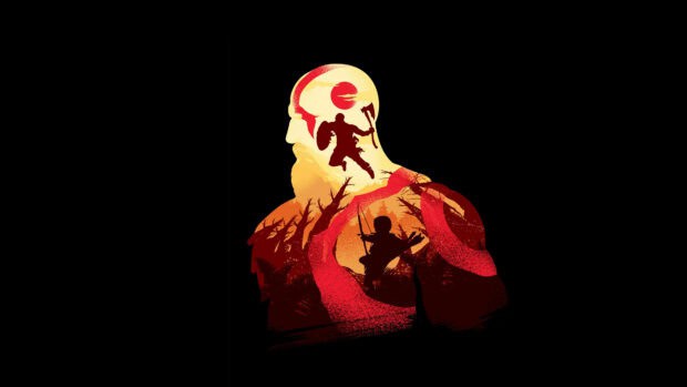 God of War Ragnarok epic battle scene   The God Of War Ragnarok wallpapers show an intense battle inside a silhouette of a warrior with a red moon   4K Mobile Wallpaper