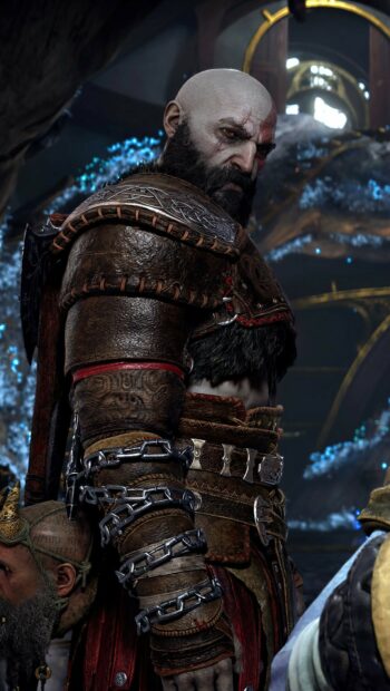A focused warrior stands ready in God of War Ragnarok, HD Mobile Wallpaper