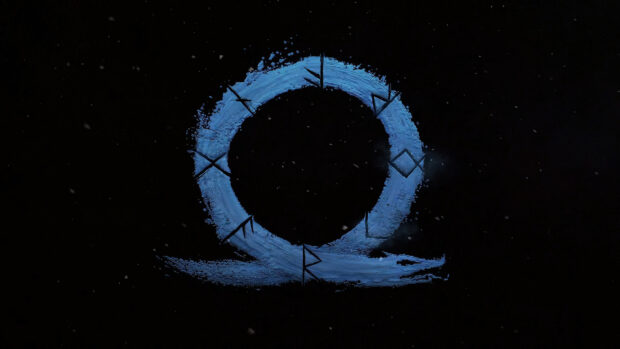 The God of War Ragnarok logo is shown with blue paint and runes, 4K Desktop Wallpaper