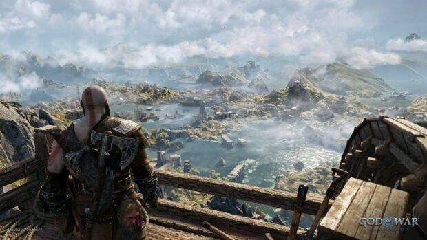 Kratos overlooks a vast misty landscape in God of War Ragnarok, 4K Desktop Wallpaper