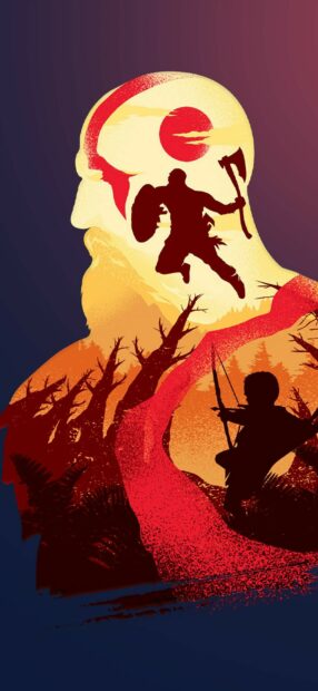 A silhouette of God of War characters shows a fierce battle scene with an axe and bow, HD Phone Wallpaper
