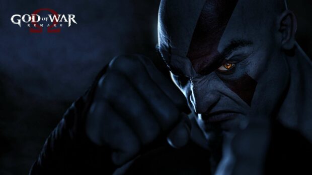 The image shows a close up of a fierce character from God of War with painted face and glowing eye, HD Desktop Wallpaper