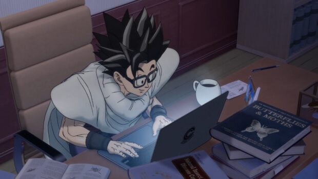 Dragon Ball Super Super Hero, Goku is working on a laptop surrounded by books and a cup, HD Desktop Wallpaper