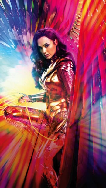 Wonder Woman wears golden armor holding a glowing lasso in colorful light, 4K Phone Wallpaper