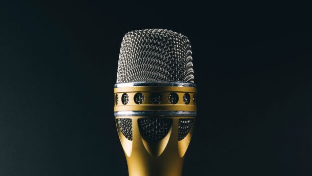 A close up of a gold and silver microphone against a dark background featuring detailed mesh, 2K Desktop Wallpaper
