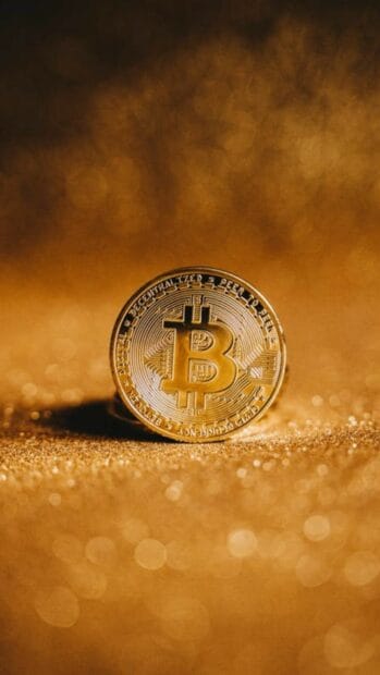A gold bitcoin coin stands on a glittering textured surface with warm light, HD Mobile Wallpaper