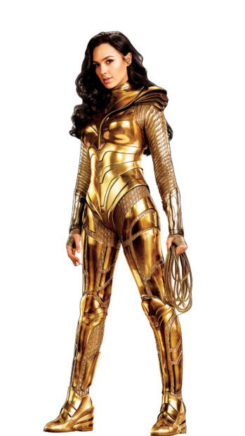 Wonder Woman wears golden armor holding a lasso in a confident stance, 4K Phone Wallpaper