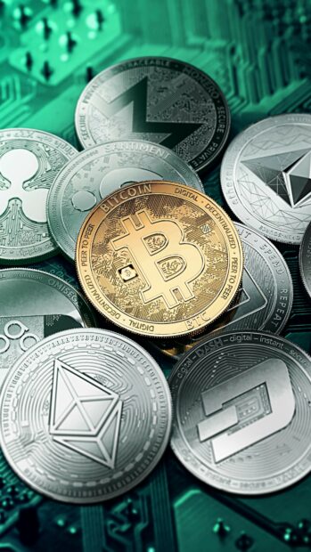 A golden Bitcoin coin is surrounded by various digital currencies on a green circuit board, 4K Mobile Wallpaper
