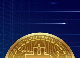 A detailed golden Bitcoin coin on a blue digital grid background featuring Bitcoin Wallpapers, HD Phone Wallpaper