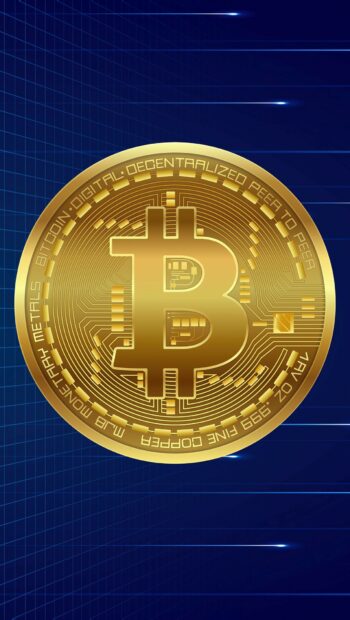 A detailed golden Bitcoin coin on a blue digital grid background featuring Bitcoin Wallpapers, HD Phone Wallpaper