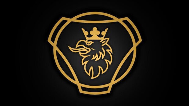 A golden Scania emblem with a crown displayed on a black background, HD Desktop Wallpaper