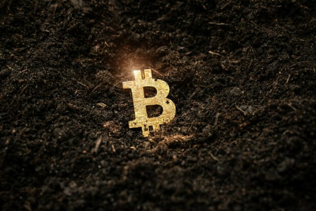 Golden bitcoin symbol glowing amid dark soil representing Bitcoin Wallpapers concept, HD Desktop Wallpaper