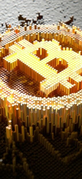 A golden digital Bitcoin symbol built from 3D cubes is displayed in this image, HD Phone Wallpaper