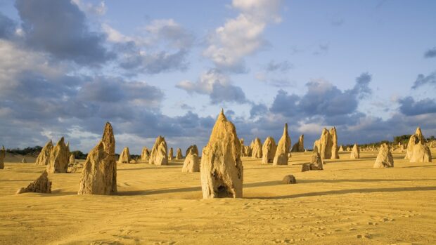 The golden limestone formations stand tall under cloudy skies at Nambung National Park, HD Desktop Wallpaper