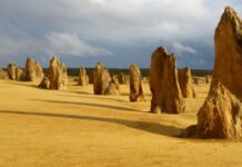 Tall limestone pillars stand over yellow sandy ground under a cloudy sky at Nambung National Park, 2K Desktop Wallpaper