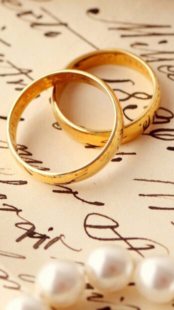 Two golden wedding rings resting on vintage handwritten paper, HD Mobile Wallpaper