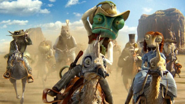 Gore Verbinski HD features characters riding unique creatures in a desert scene, HD Desktop Wallpaper