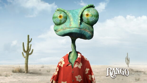 A chameleon wearing a red Hawaiian shirt stands in the desert with cacti, HD Desktop Wallpaper