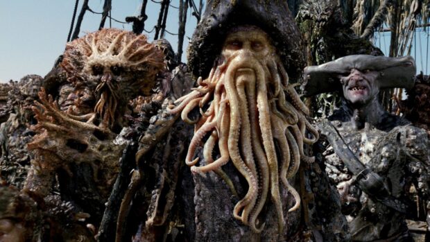 Gore Verbinski characters with sea creature features standing on a ship deck, HD Desktop Wallpaper