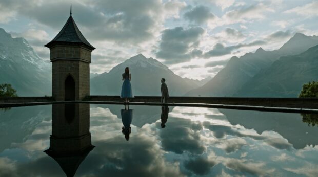 A man and a woman stand by a pool reflecting the mountains in a Gore Verbinski scene, 2K Desktop Wallpaper