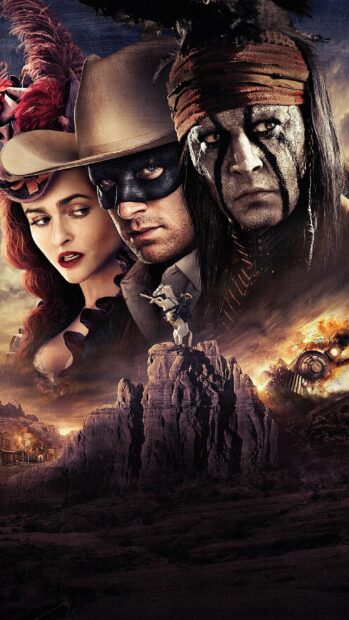 The image shows three intense characters from a western setting with dramatic lighting and a rugged landscape, 2K Mobile Wallpaper