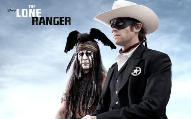 Gore Verbinski movie characters dressed as the Lone Ranger and Tonto stand together, 2K Desktop Wallpaper