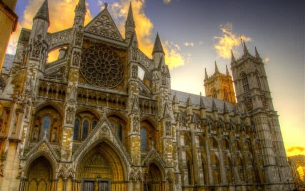 Westminster Abbey displays intricate gothic architecture at sunset, HD Desktop Wallpaper