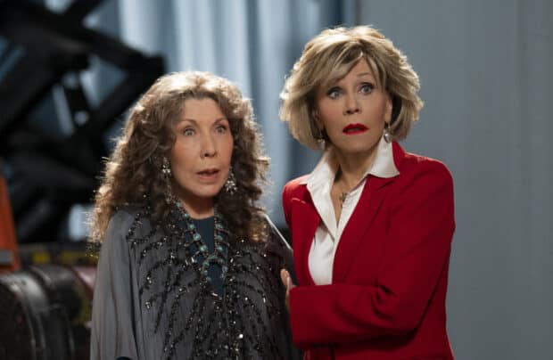 Grace and Frankie express surprise in a scene, HD Desktop Wallpaper