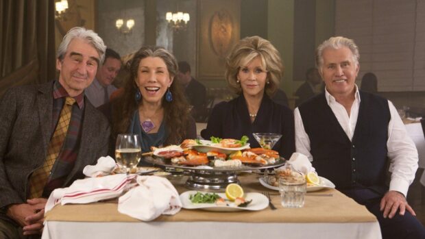 The Grace And Frankie Netflix show cast shares a joyful moment at a dinner table, HD Desktop Wallpaper
