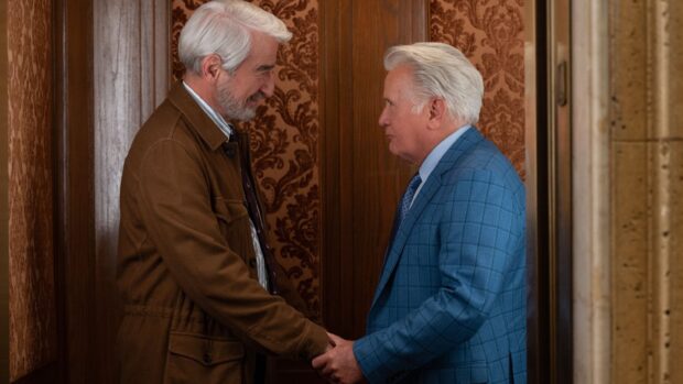 Two men from Grace And Frankie Netflix Wallpapers shaking hands indoors, HD Desktop Wallpaper