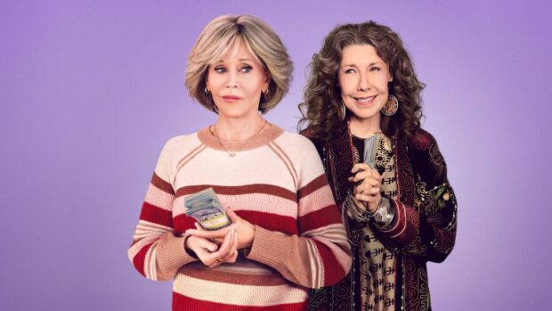 Grace and Frankie characters stand close together in colorful outfits, HD Desktop Wallpaper