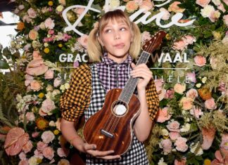 Grace Vanderwaal holding a wooden ukulele in front of a floral background, HD Desktop Wallpaper
