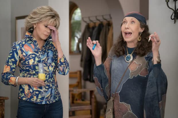 Grace and Frankie Netflix Wallpapers show two women sharing a humorous moment indoors, HD Desktop Wallpaper