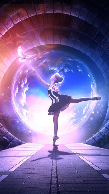 A ballet dancer performs a delicate pose with a glowing moon and a white dove nearby, 4K Mobile Wallpaper