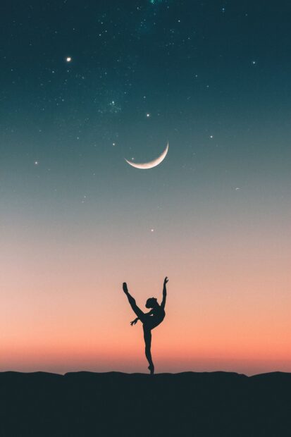 A ballet dancer is posing with one leg raised under a crescent moon, HD Mobile Wallpaper