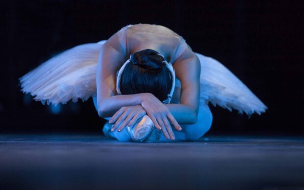 A ballet dancer is stretching carefully in a white tutu on stage, 2K Desktop Wallpaper