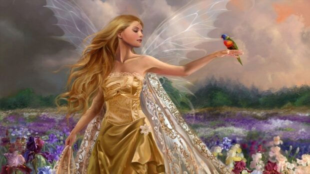 A fairy in a golden dress gently holds a vibrant bird in a flower field with soft wings, HD Desktop Wallpaper