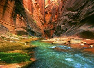 A river flows through the rocky walls of the Grand Canyon showcasing its natural beauty